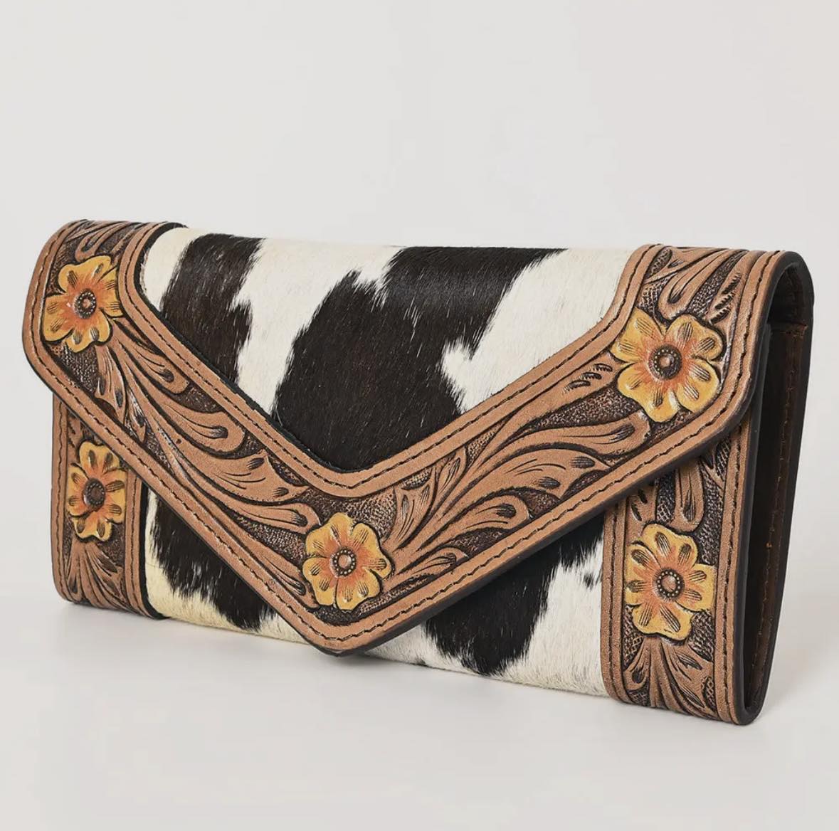 Leather Clutch Wallet with Hair and Sunflowers