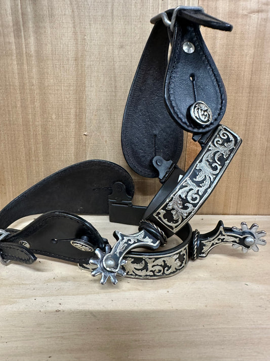 Engraved Black Spurs with Black Leather Straps