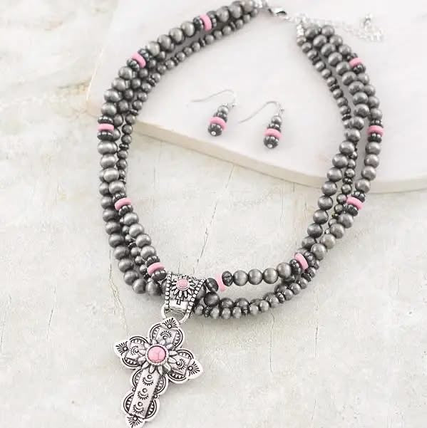 Triple Beaded Necklace with Cross Pendant with Pink Stone and Beaded Earrings