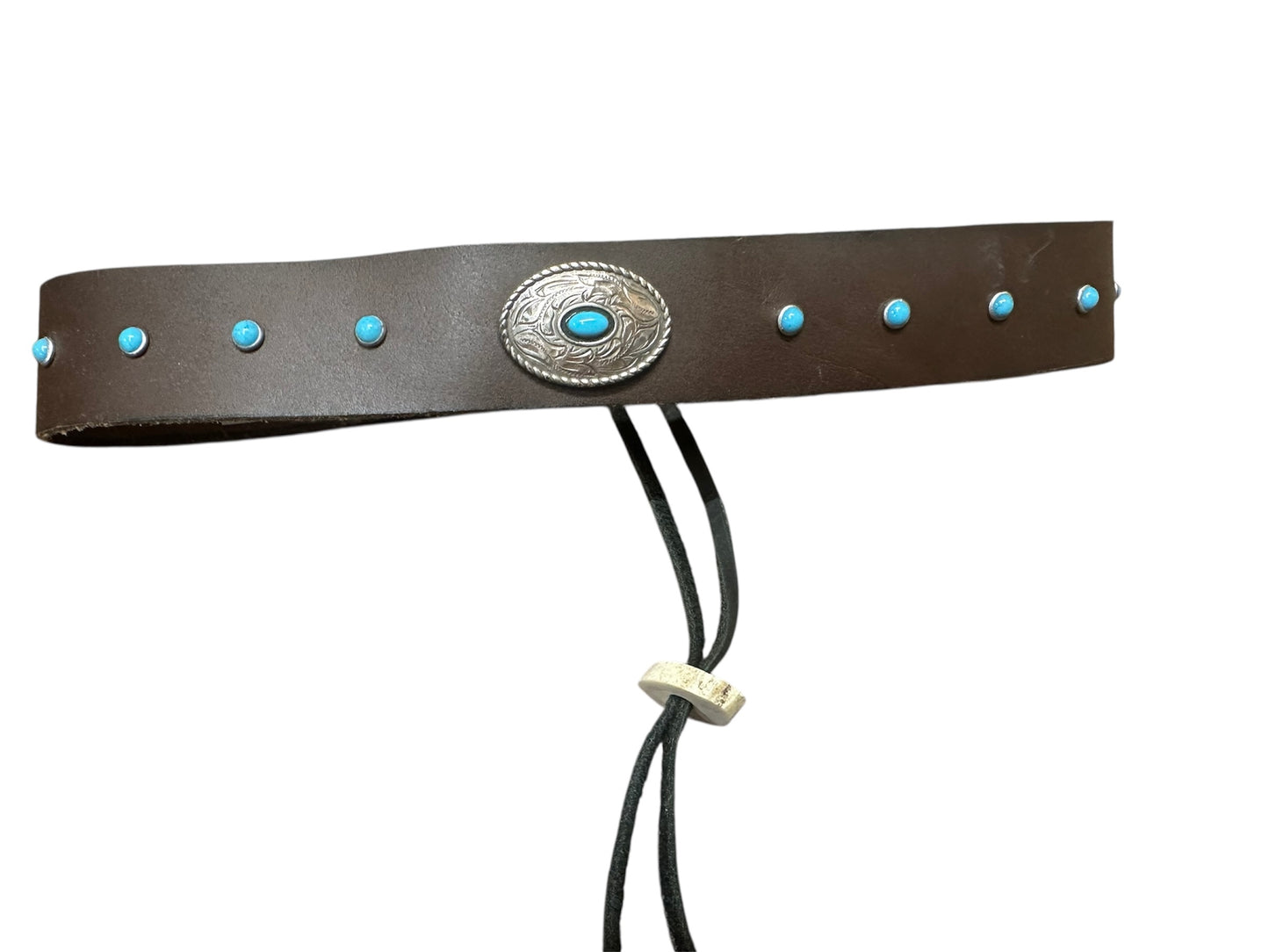 Handmade Leather Hatband with Turquoise small stones Concho & Antler Button