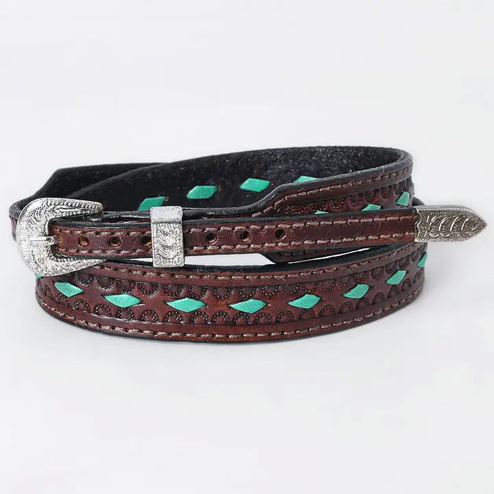 Hand tooled Leather Hatband with Laced Turquoise