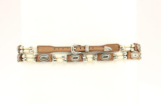 Brown Leather Hatband with Quill Beads and Conchos