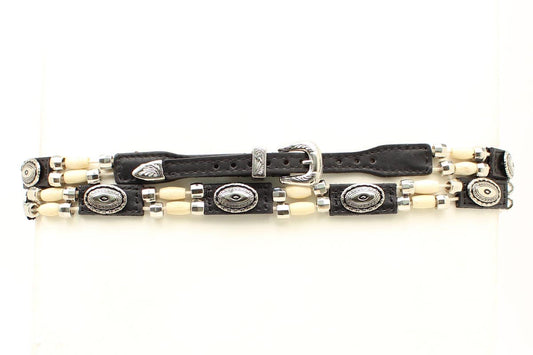 Black Leather Hatband with quill Beads & Conchos
