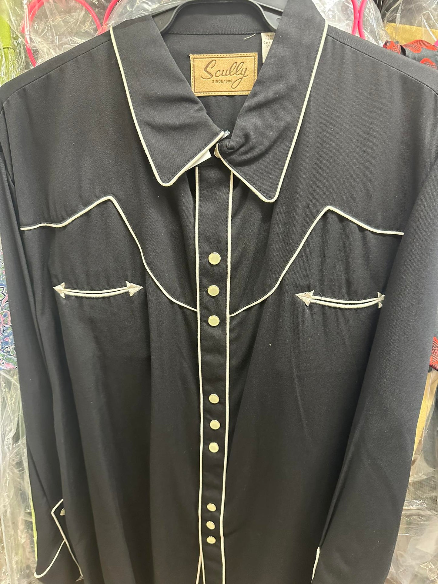 Men's Scully Black Shirt with Piping and Pearl Snaps XL
