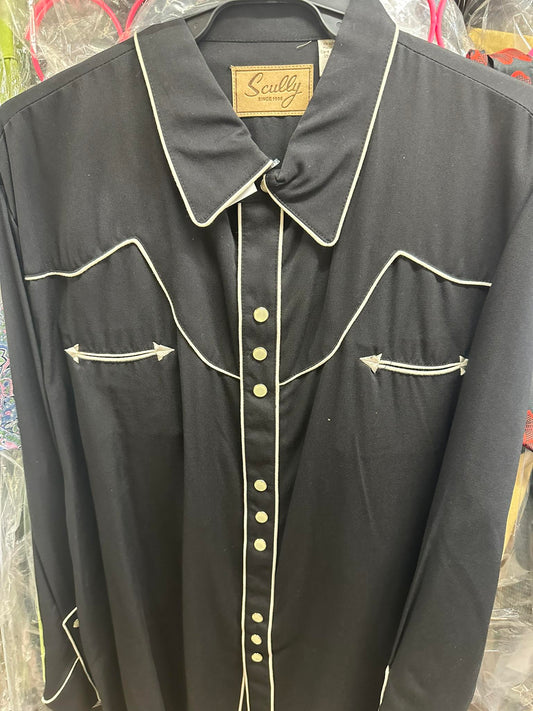 Men's Scully Black Shirt with Piping and Pearl Snaps XL
