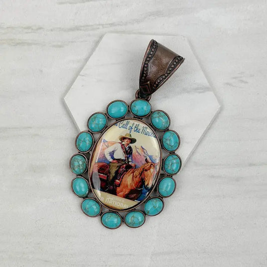 Copper Oval Pendant with Cowgirl and Horse