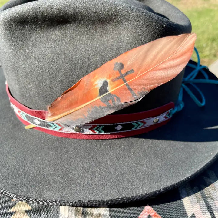 Painted Hat Feather with Praying Cowboy