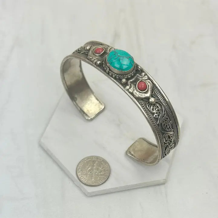 German Silver Cuff Bracelet with Turquoise and Coral Stones