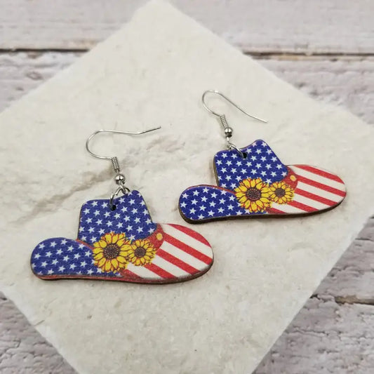 Patriotic Hat Earrings with Sunflower