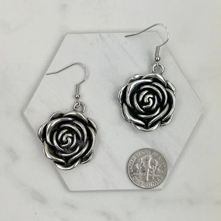 Silver Rose Dangle Earrings