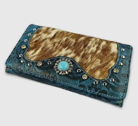 Turquoise Clutch Wallet with Hair