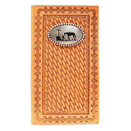 Nocona Basket Weave Rodeo Wallet with Praying Cowboy Concho